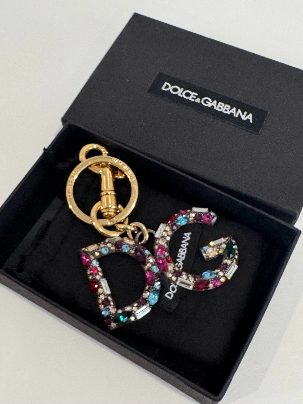 Dolce & Gabbana Gold-tone DG Crystal Keychain in Multicolor